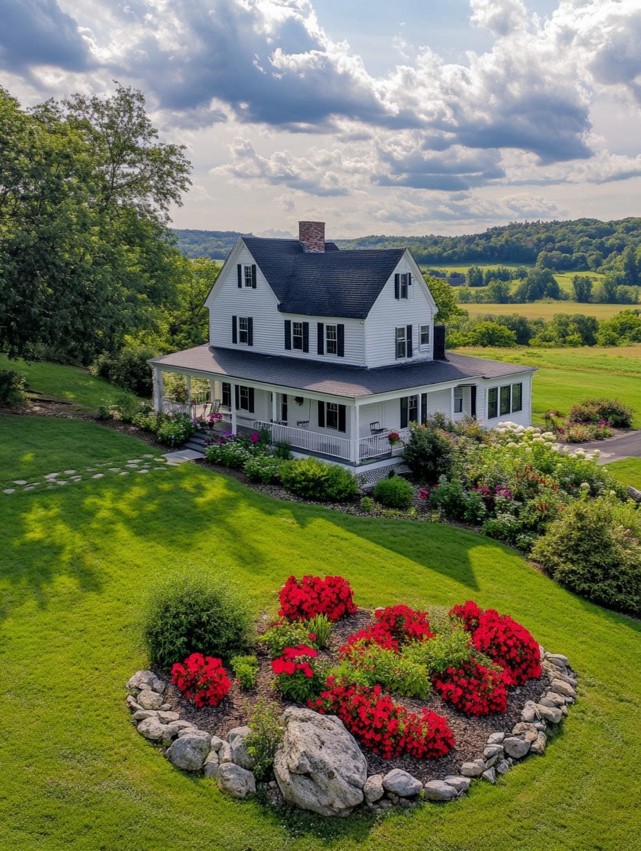 A two-story white house with a wraparound porch sits amid green lawns and gardens, with red flowers planted in a circular bed bordered by stones.