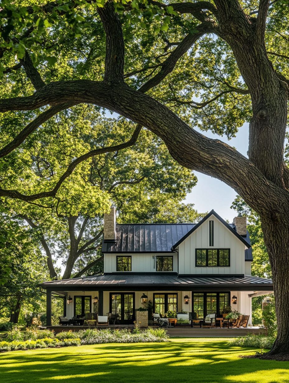A two-story farmhouse with black trim, large windows, a wraparound porch, and a metal roof, set among mature trees and lush green lawn.