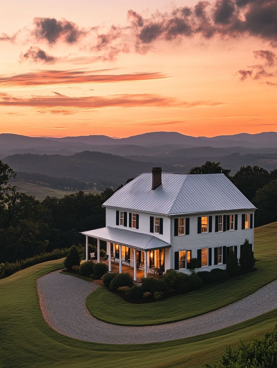 A white two-story house with a wraparound porch sits on a grassy hill at sunset, surrounded by mountains and a curving gravel driveway.
