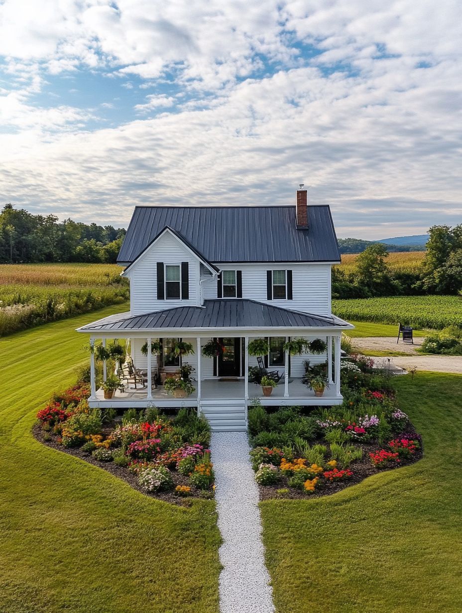 A white two-story farmhouse with a black metal roof and a wraparound porch is surrounded by colorful flower beds, green lawn, and farmland under a partly cloudy sky.