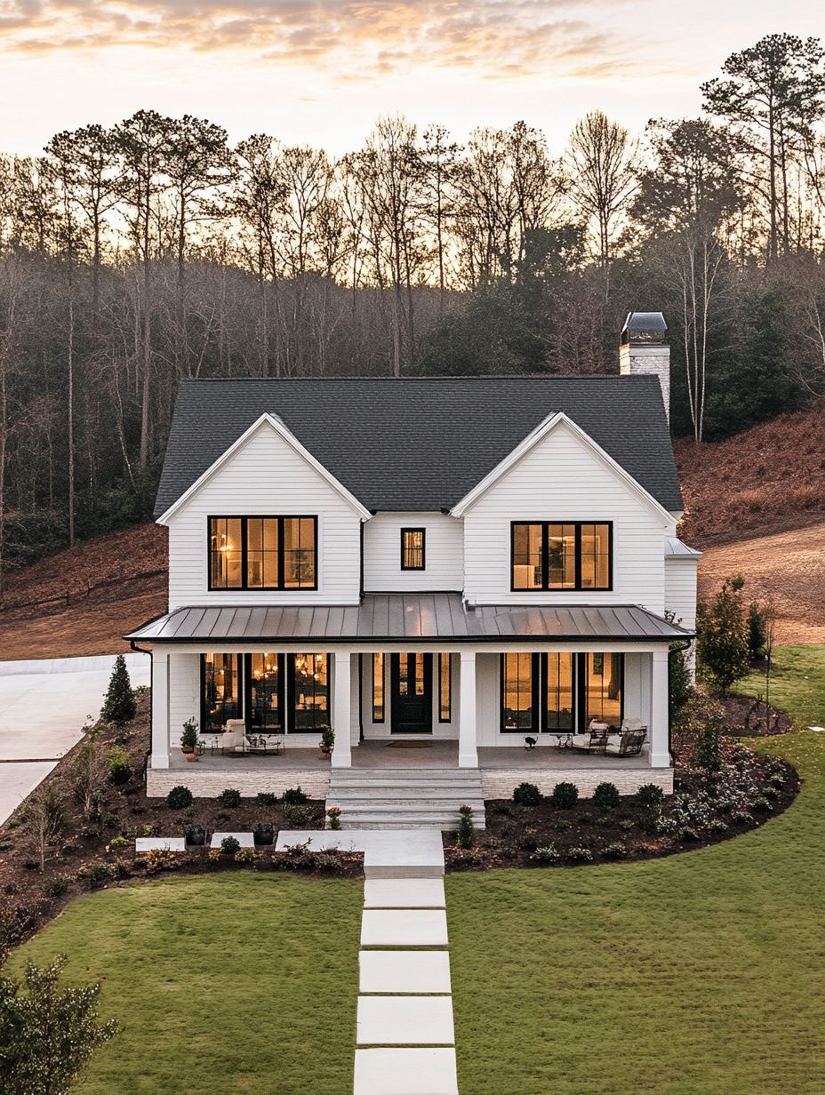 A two-story modern farmhouse with white siding, black roof, large windows, and a front porch, set on a landscaped lawn with a stone path and surrounded by trees.
