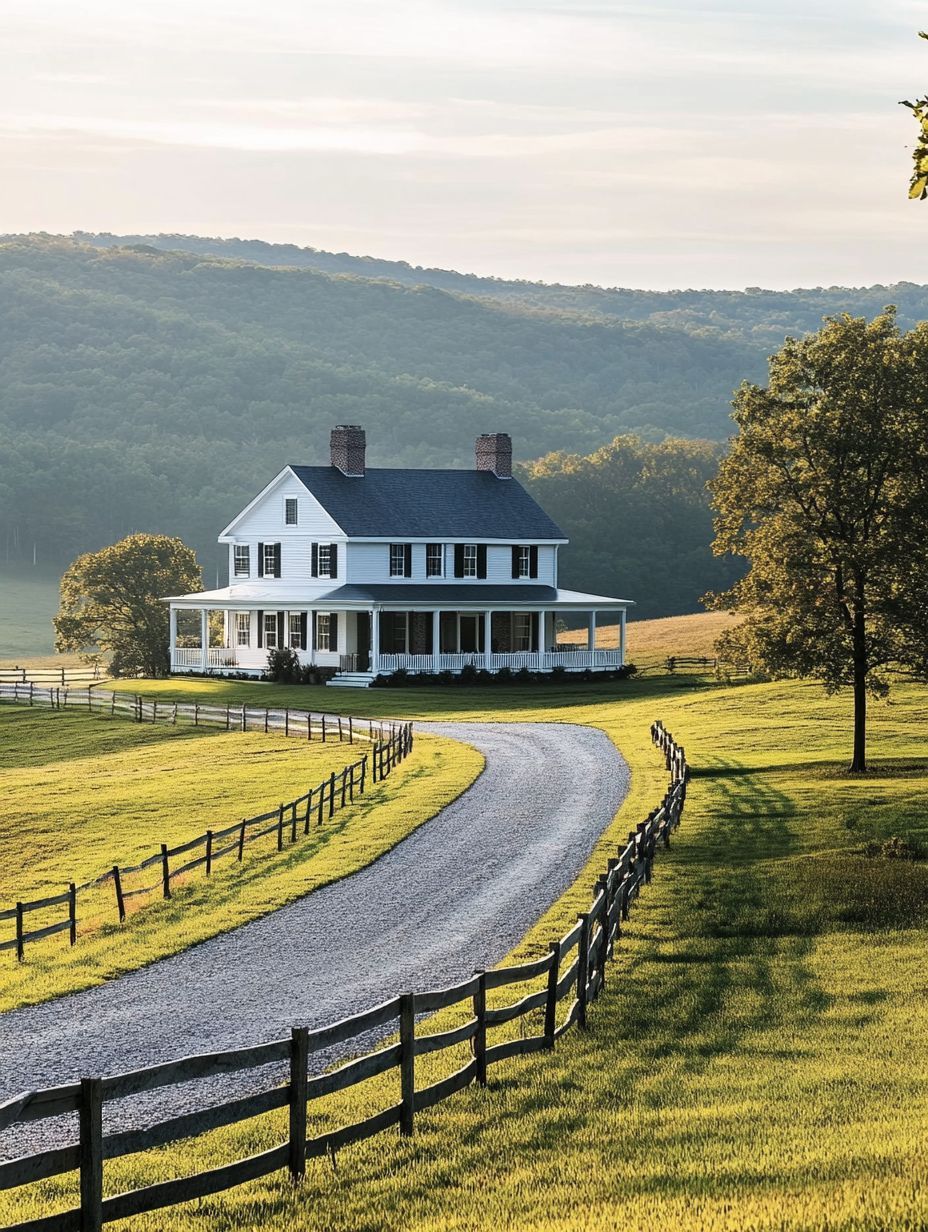 A white two-story farmhouse with a wraparound porch sits at the end of a curved gravel driveway, surrounded by green fields and wooden fences, with hills in the background.