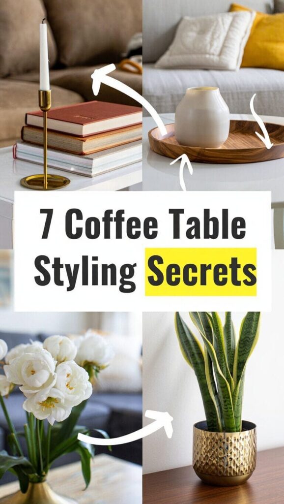 A collage showing a candle on books, a vase on a tray, white flowers in a glass vase, and a potted snake plant, with the text "7 Coffee Table Styling Secrets.