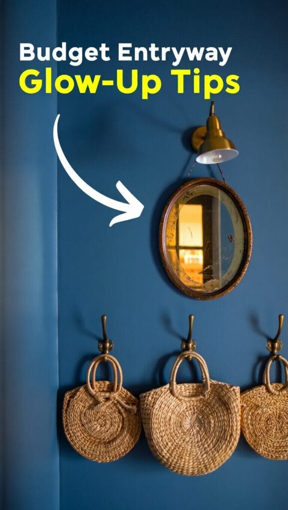 A small entryway with a blue wall, three woven bags hanging on hooks, a round mirror, and a wall sconce above, with text reading "Budget Entryway Glow-Up Tips.