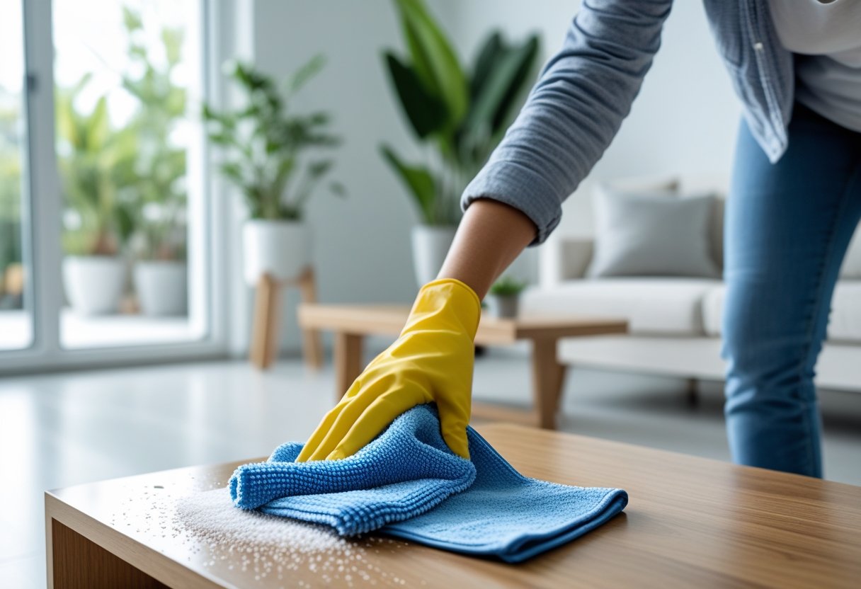 A person wearing a yellow glove is cleaning a wooden table with a blue cloth in a bright, modern living room with plants in the background.