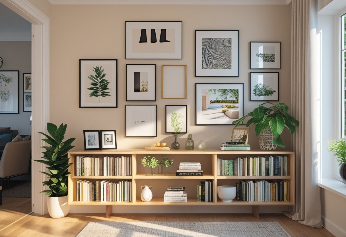 A bookshelf with books and potted plants sits below a wall decorated with framed artwork and photographs in a well-lit, modern living room.