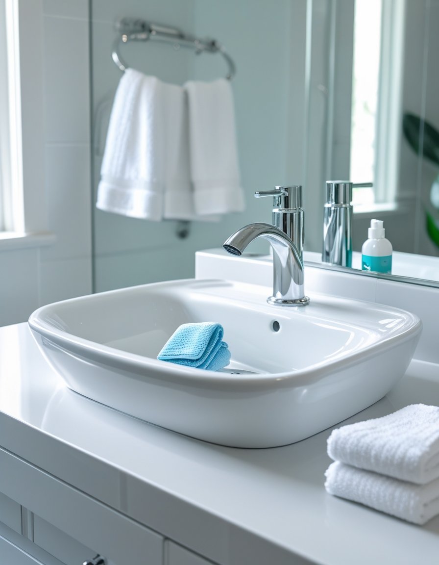 A modern bathroom sink with a chrome faucet, a blue cloth in the basin, folded white towels, and a bottle of soap on a white countertop.