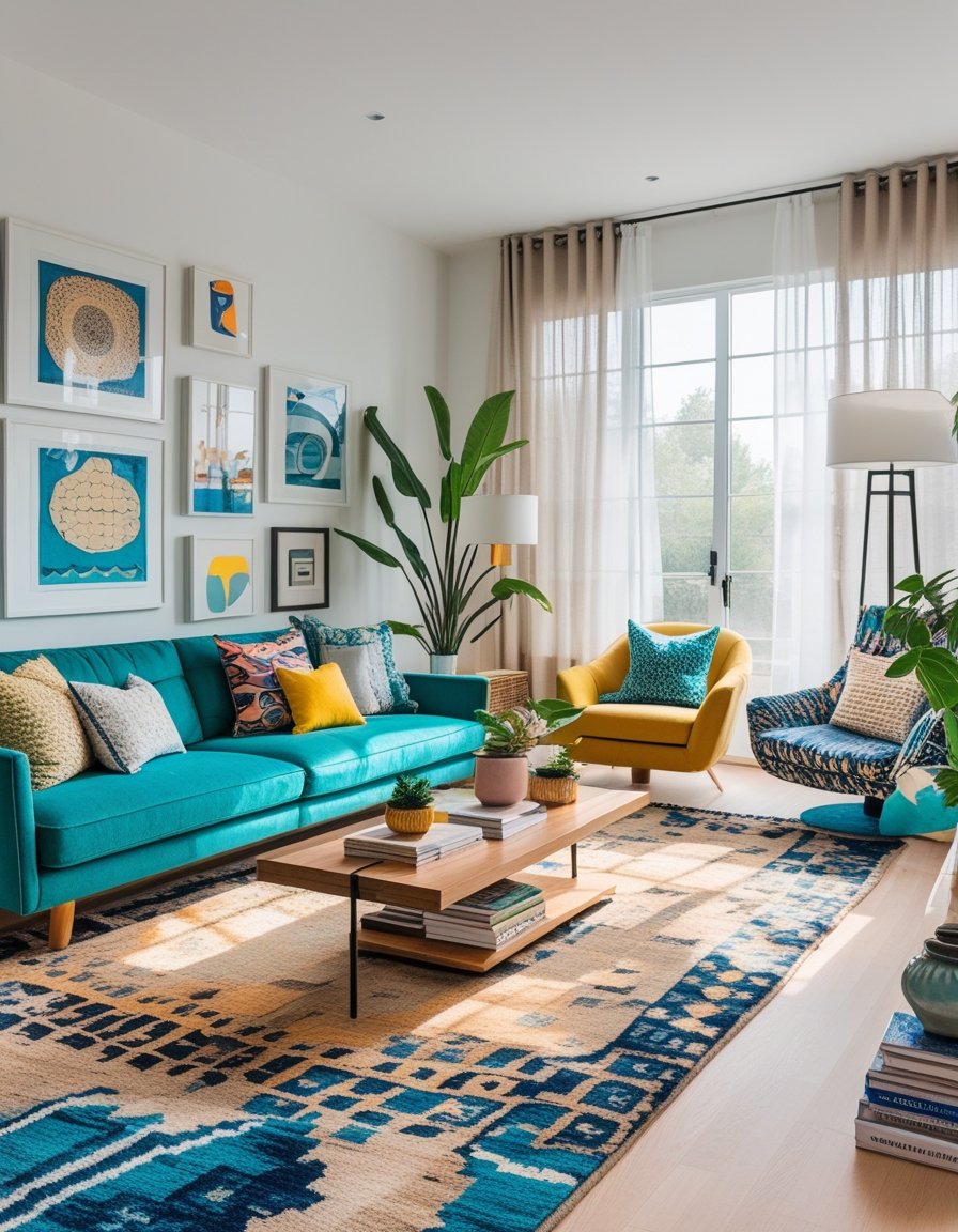 A modern living room features a teal sofa, yellow armchair, patterned rug, framed wall art, indoor plants, and large window with sheer curtains letting in natural light.