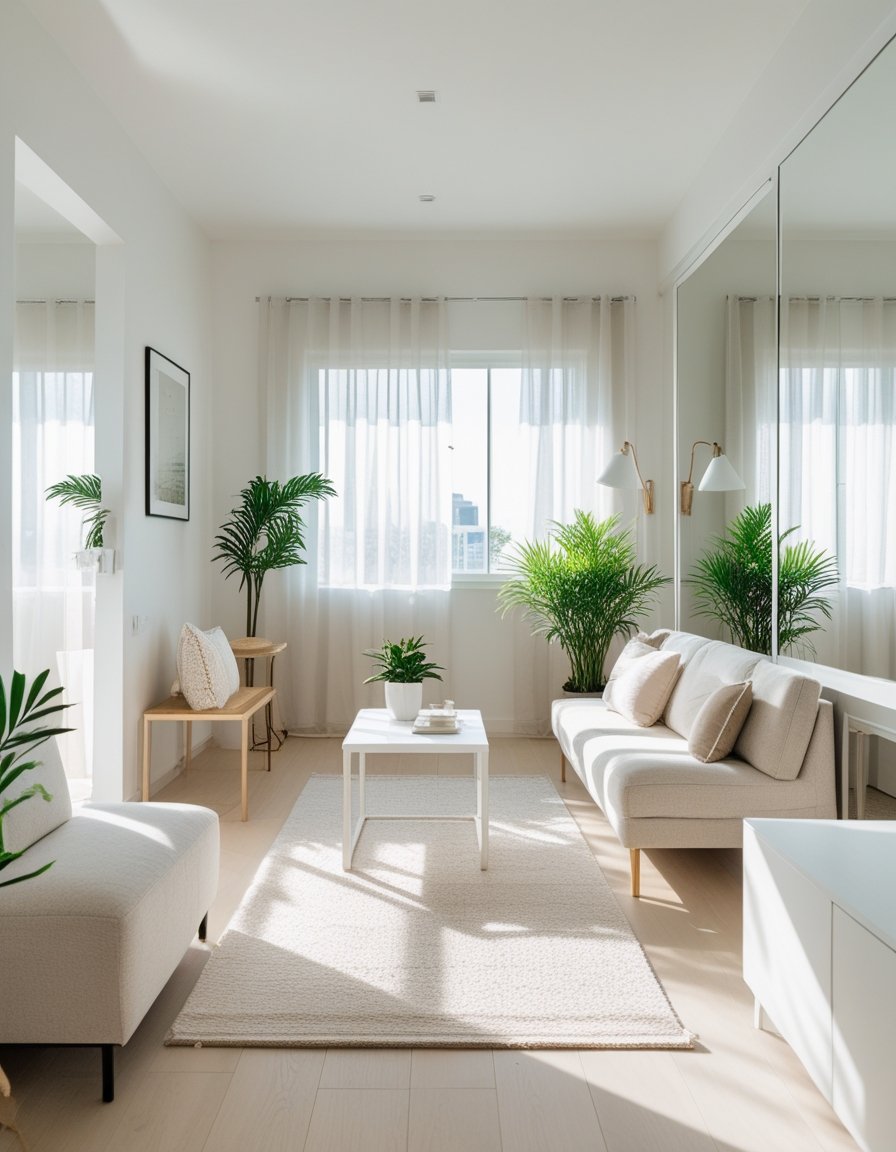 Bright, modern living room with white furniture, light wood accents, large window, potted green plants, and sheer curtains, decorated in a minimalist style.