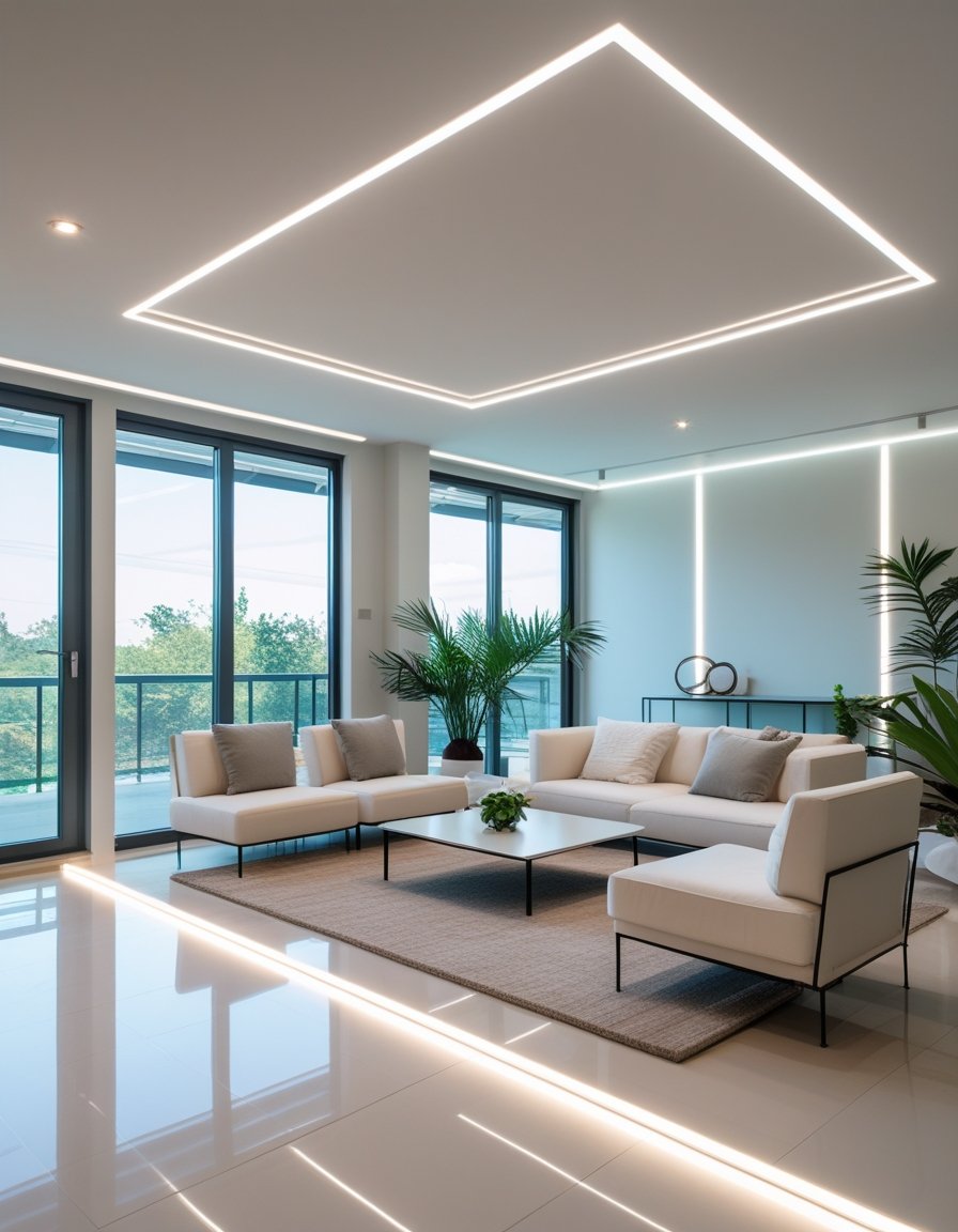 Modern living room with white sofas, large windows, indoor plants, a beige rug, and geometric ceiling lights, featuring a bright and minimalistic design.