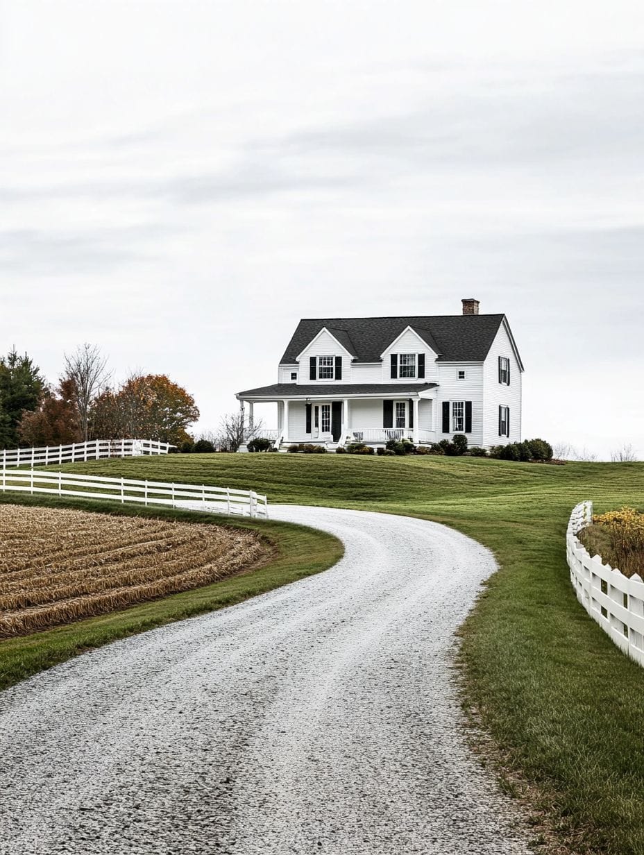 A white two-story house with a porch sits at the end of a curved gravel driveway, surrounded by green grass, fields, and a white fence under an overcast sky.