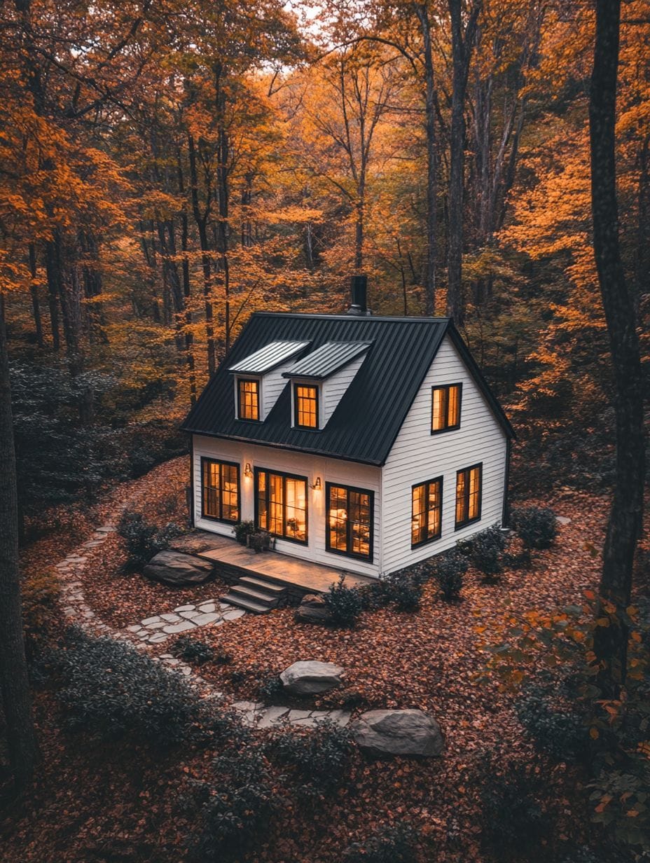 A small white cottage with black roof sits among autumn trees with orange leaves, illuminated by warm lights from the windows, surrounded by a stone path and leaf-covered ground.