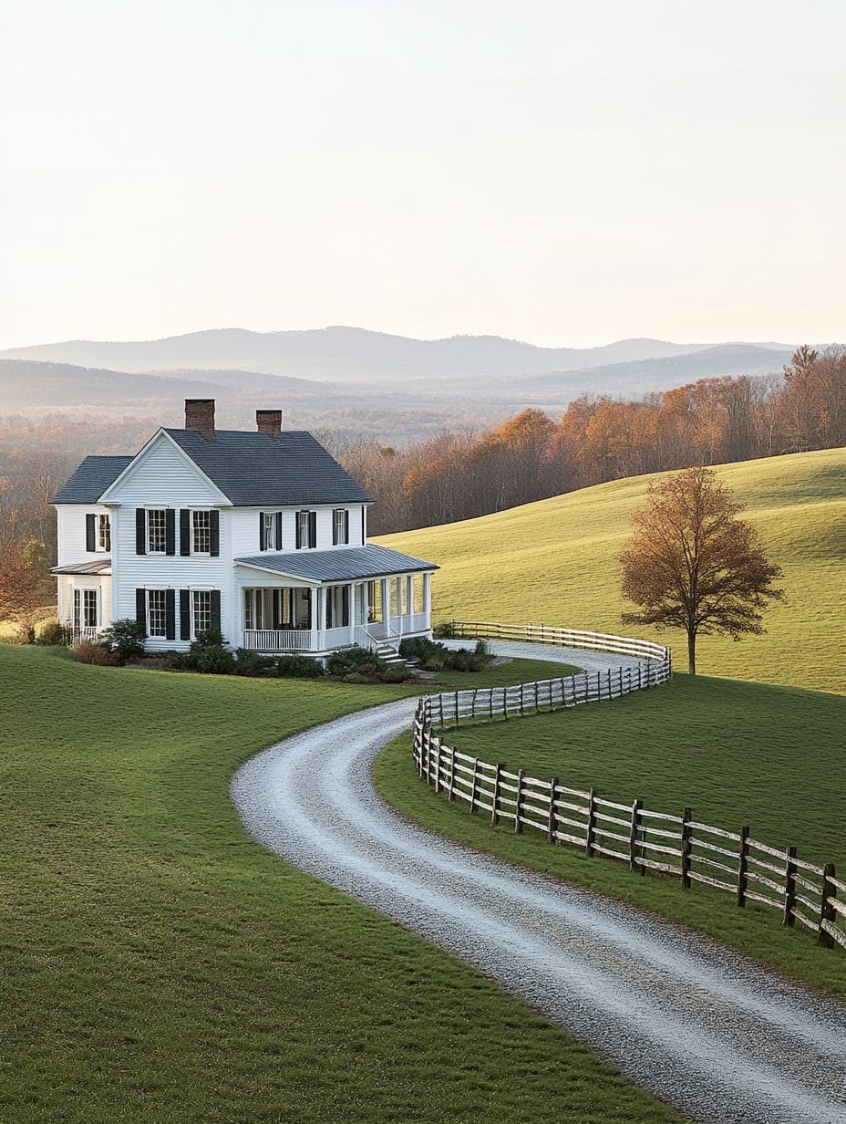 A white two-story house with a porch sits on a grassy hill, a gravel driveway leading to it, surrounded by rolling hills and wooden fencing.