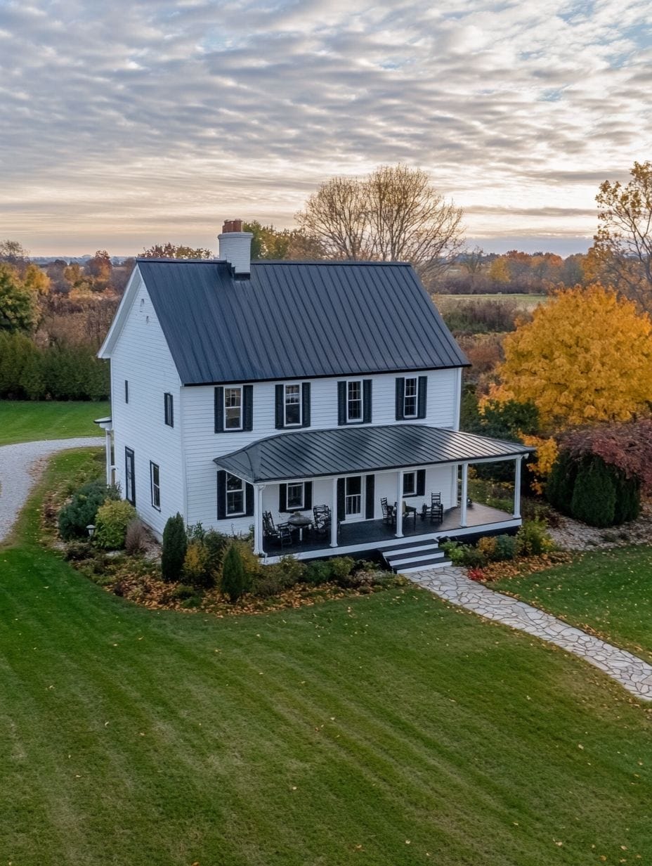 A white two-story house with a black metal roof, a front porch with chairs, surrounded by a lawn, trees with autumn foliage, and a stone walkway.