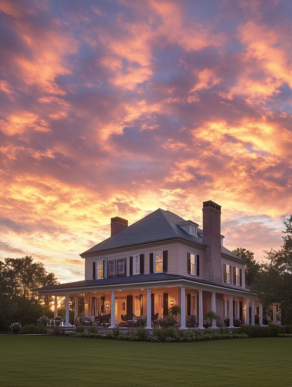 Two-story house with a wraparound porch and brick chimneys, pictured at sunset under a dramatic, colorful sky.