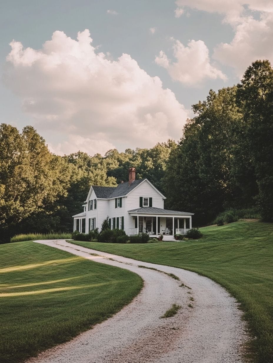 A white two-story house with a covered porch sits at the end of a curved gravel driveway, surrounded by green grass and trees under a partly cloudy sky.