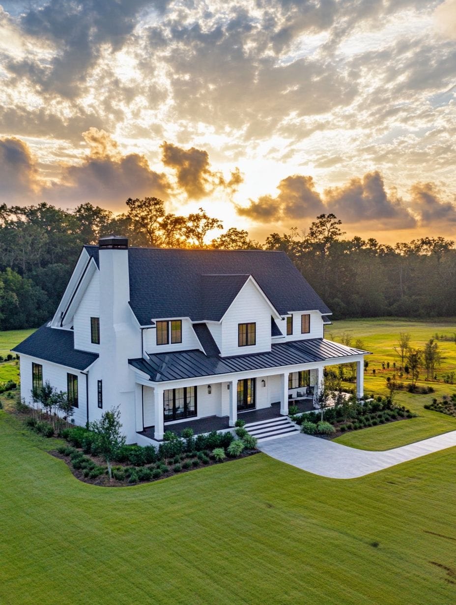 Two-story white house with black roof and large front porch, surrounded by manicured lawn and trees, with a dramatic sunset sky in the background.