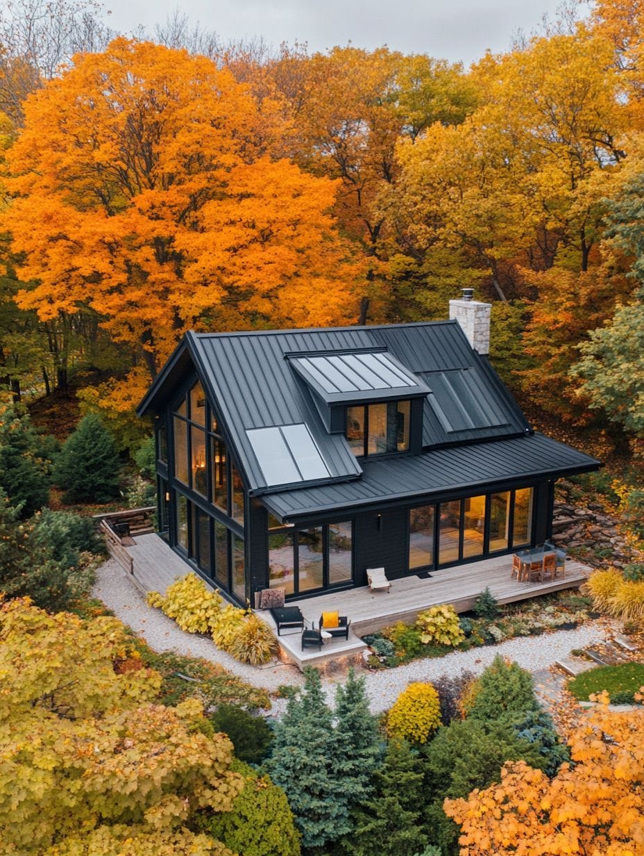 A modern black house with large windows sits among vibrant autumn trees, featuring a gravel path, outdoor seating, and solar panels on the roof.