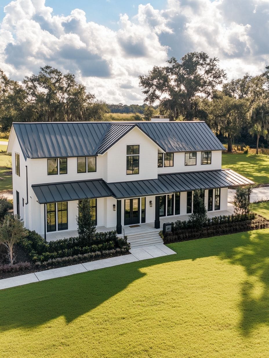 Two-story modern farmhouse with white exterior, black metal roof, large windows, and a covered front porch, set on a manicured lawn with trees in the background.