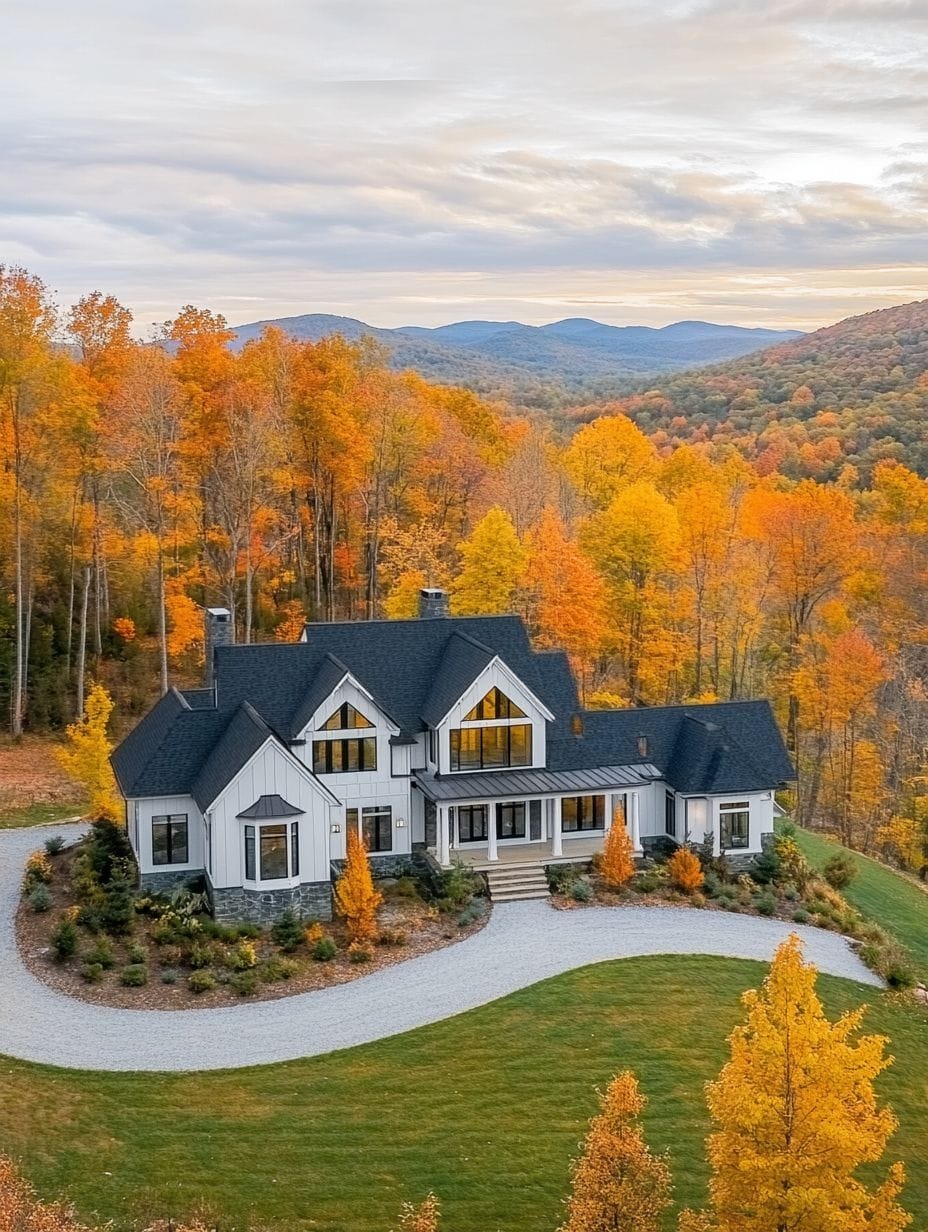 A modern two-story house with a dark roof sits among colorful autumn trees, with mountains visible in the background under a cloudy sky.