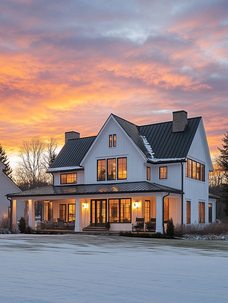 A modern two-story farmhouse with large windows and exterior lights on, set against a snowy lawn and a colorful sunset sky.