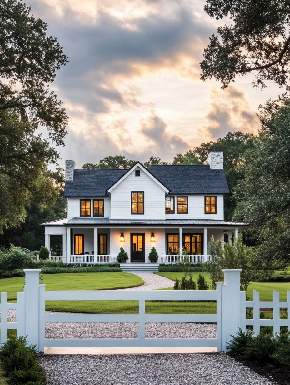 A two-story white farmhouse with a wraparound porch, black roof, and lit windows sits behind a white fence and gravel driveway, surrounded by greenery at sunset.