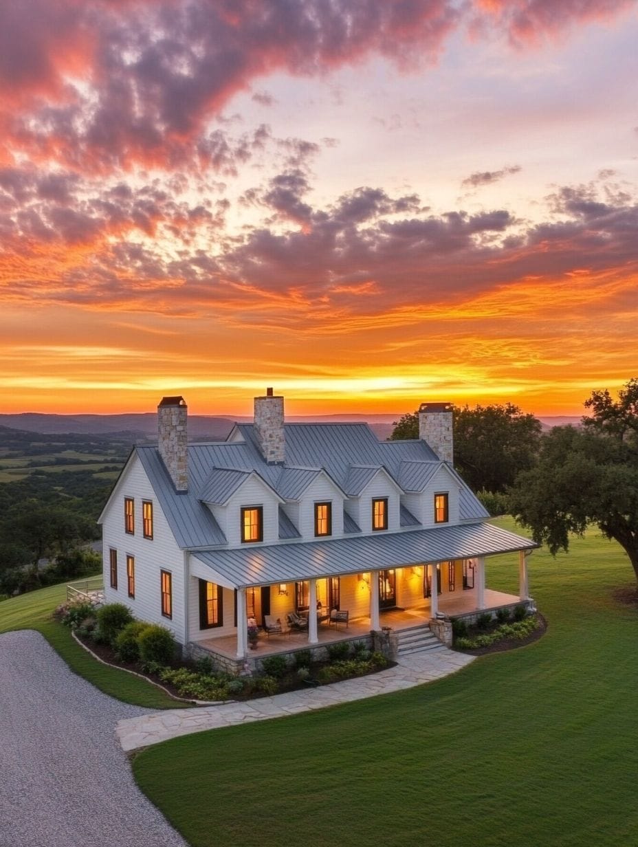 A white farmhouse with a metal roof and front porch sits on a green lawn at sunset, with glowing windows and a dramatic sky in the background.