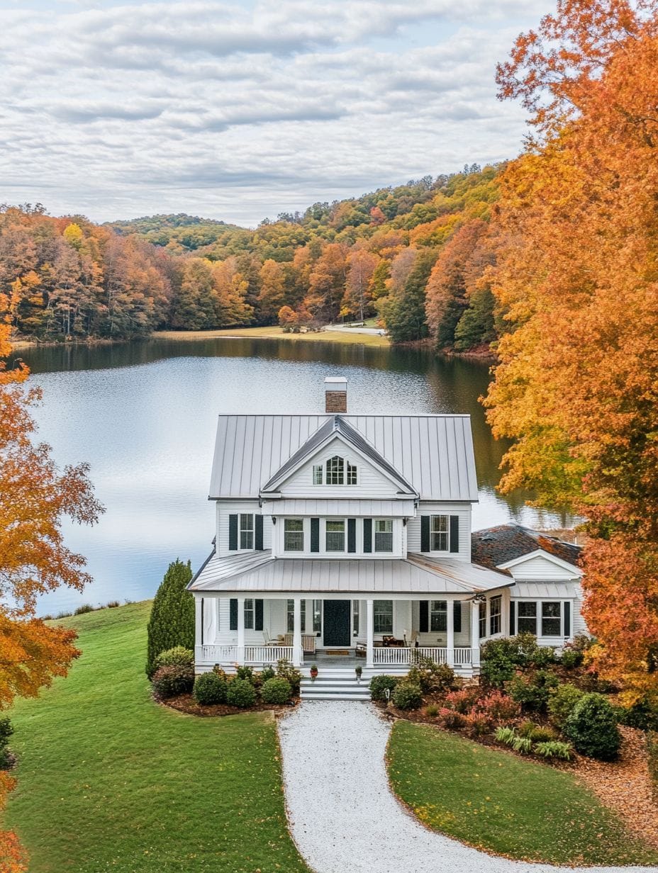 A white two-story house with a porch stands by a lake, surrounded by autumn trees with orange and yellow leaves under a cloudy sky.