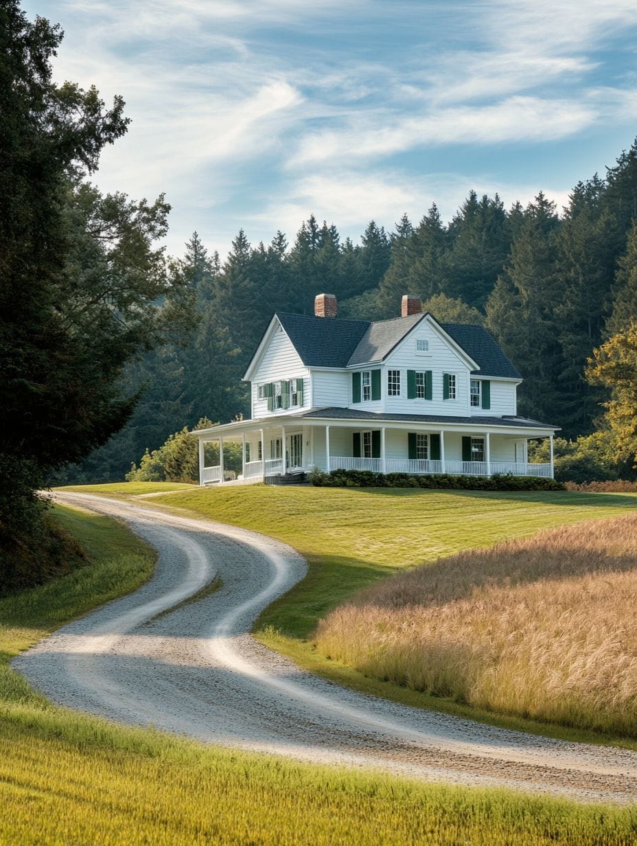 A white two-story house with a wraparound porch sits at the end of a curved gravel driveway, surrounded by trees and fields under a partly cloudy sky.