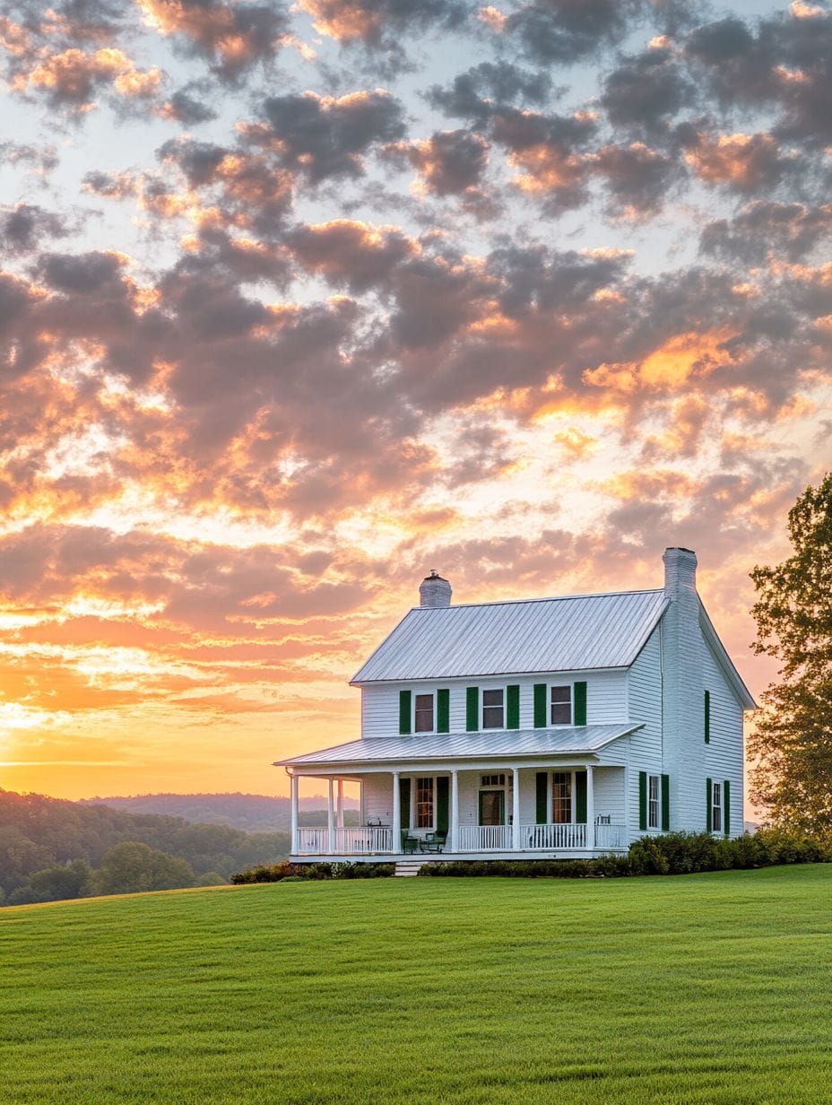 A white farmhouse with green shutters sits on a manicured lawn under a colorful, cloudy sunset sky.