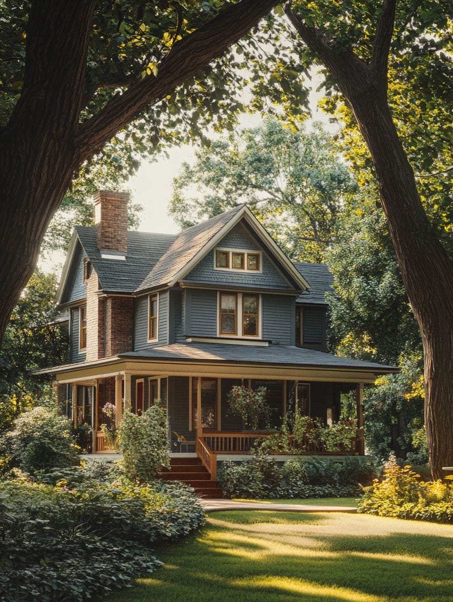 A two-story blue house with a wraparound porch sits among tall trees and lush greenery on a sunny day.