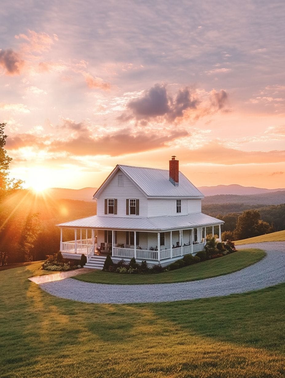 A white two-story farmhouse with a wraparound porch sits on a grassy hill at sunset, with mountains visible in the background.
