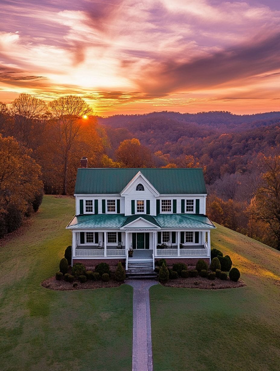 A two-story white house with a green roof sits on a manicured lawn, surrounded by trees, with a vibrant sunset sky in the background.