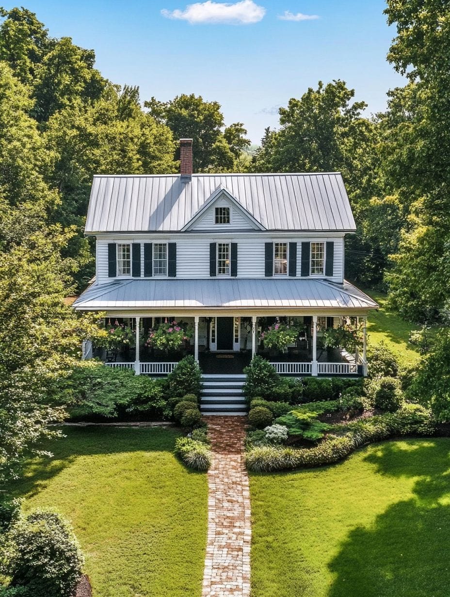 A two-story white house with a metal roof, a covered front porch, and green shutters, surrounded by trees and a well-manicured lawn with a brick walkway.