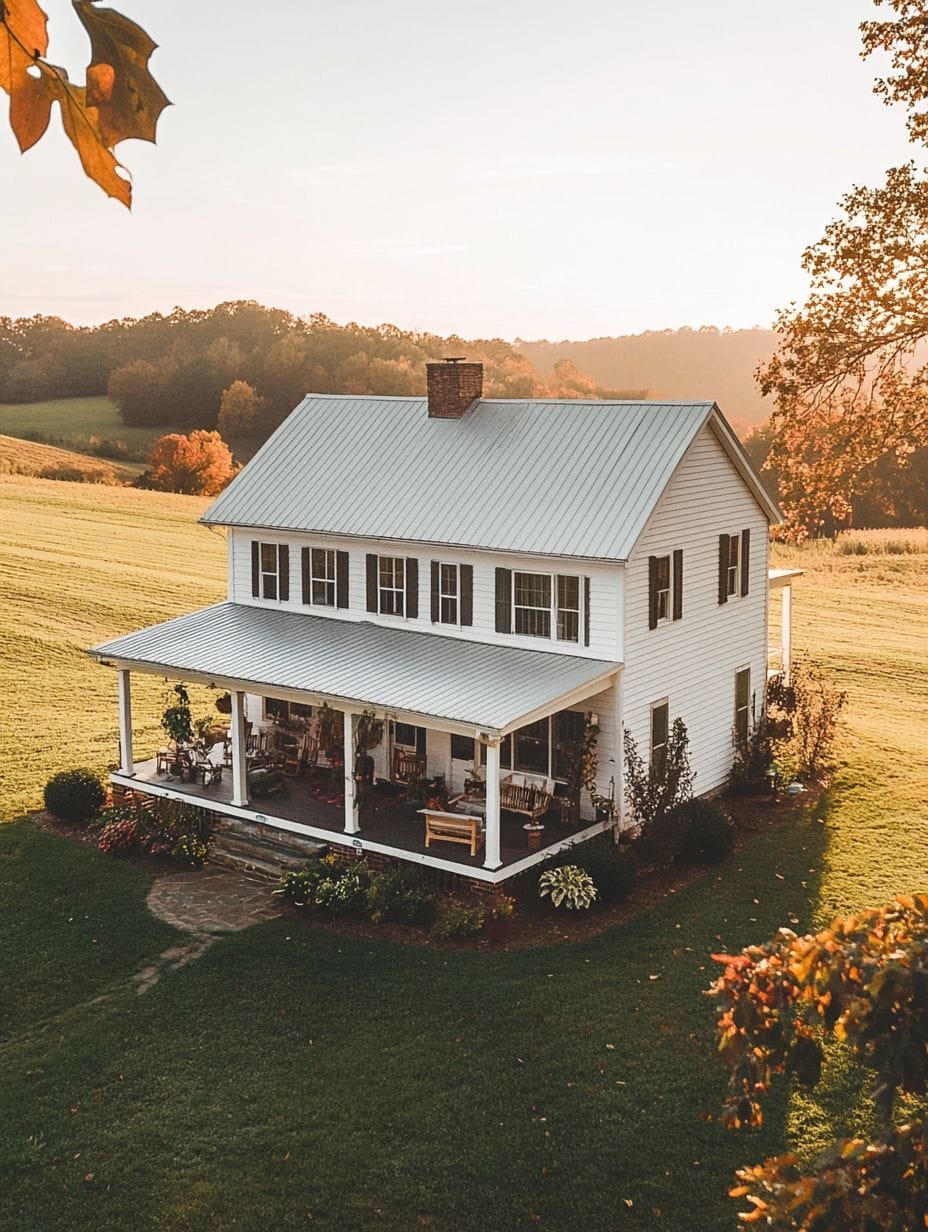 A two-story white farmhouse with a front porch is surrounded by green grass and trees in a rural landscape at sunset.