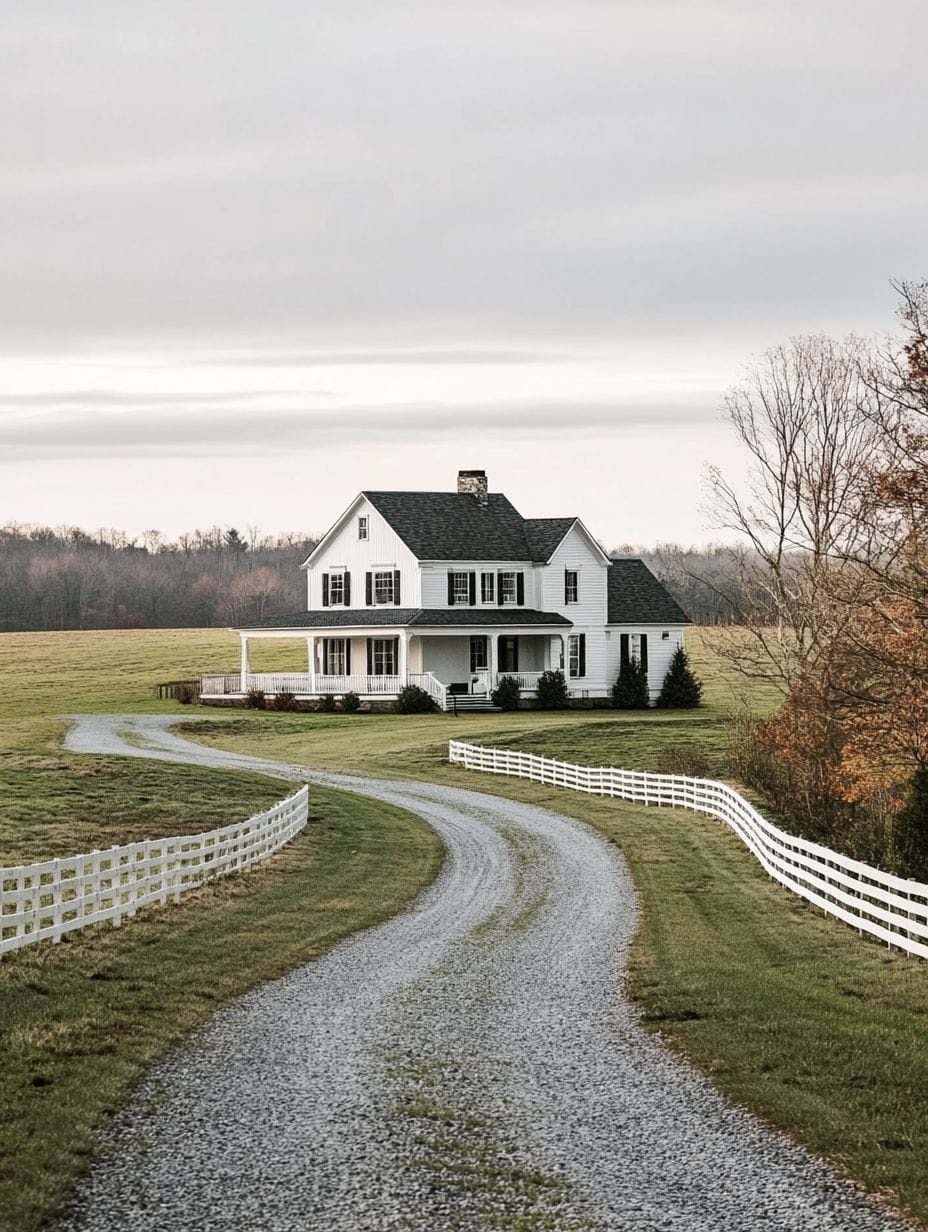 A white two-story house with a front porch sits in the middle of a grassy field, accessed by a curved gravel driveway and bordered by a white wooden fence.