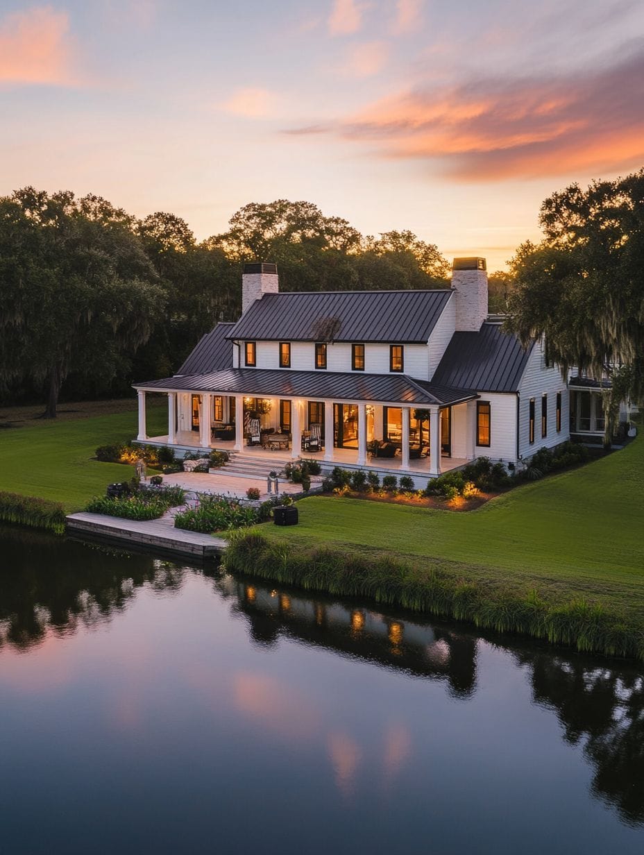 A white two-story house with a large porch sits by a calm pond at sunset, surrounded by green lawn and trees. Lights inside and on the patio create a warm glow.