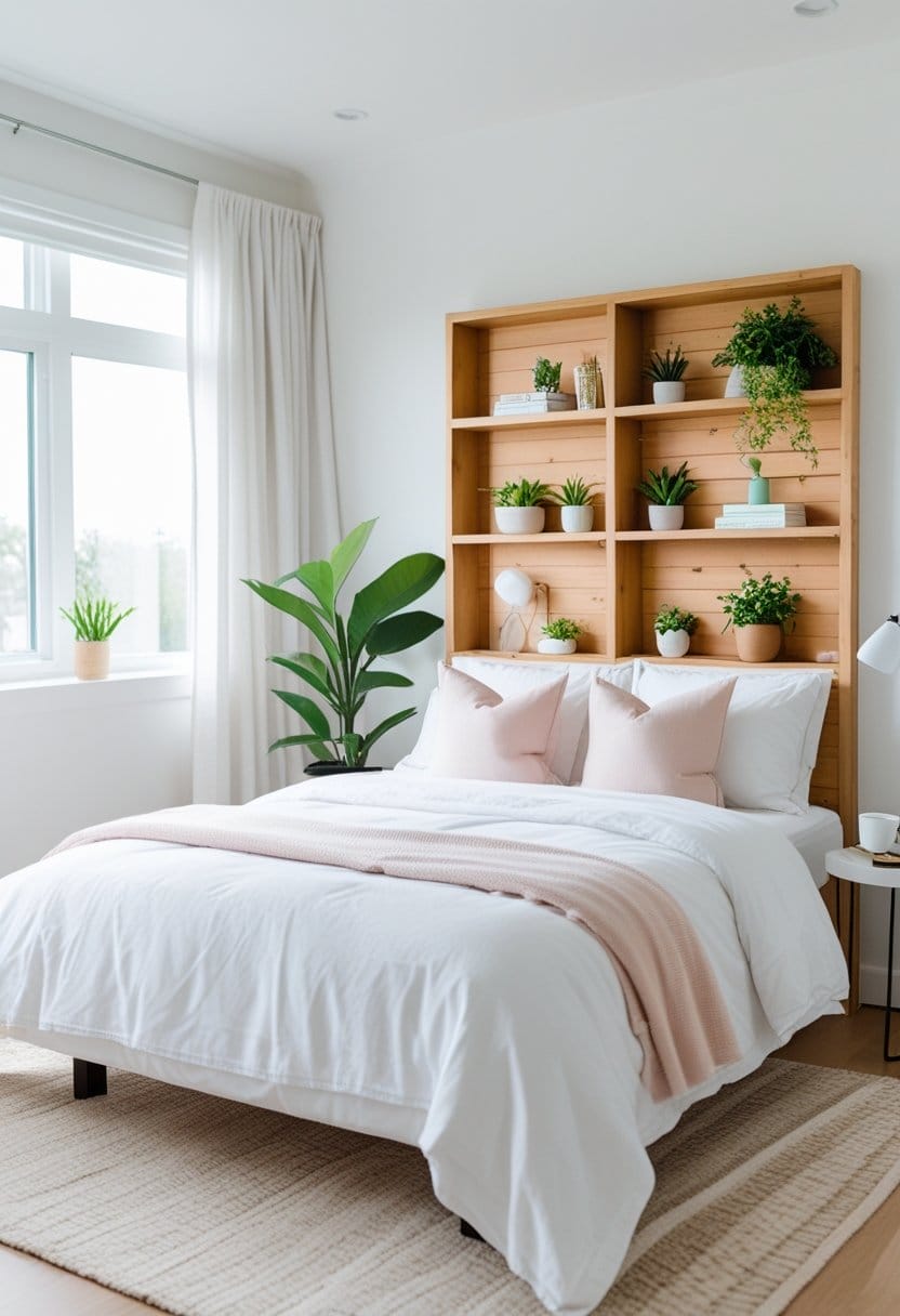 A neatly made bed with white bedding and light pink accents stands against a wooden headboard with shelves holding potted plants; a large window and more plants are nearby.