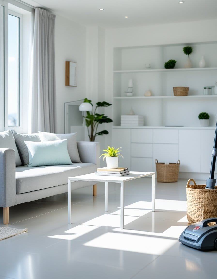 A bright, modern living room with a gray sofa, white coffee table, potted plants, shelves with decor, and a vacuum cleaner on the tiled floor. Sunlight streams through a window.