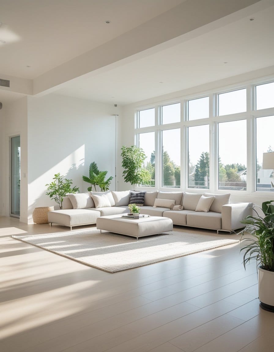 A spacious, modern living room with large windows, light wood flooring, white sectional sofa, ottoman, and several green potted plants.