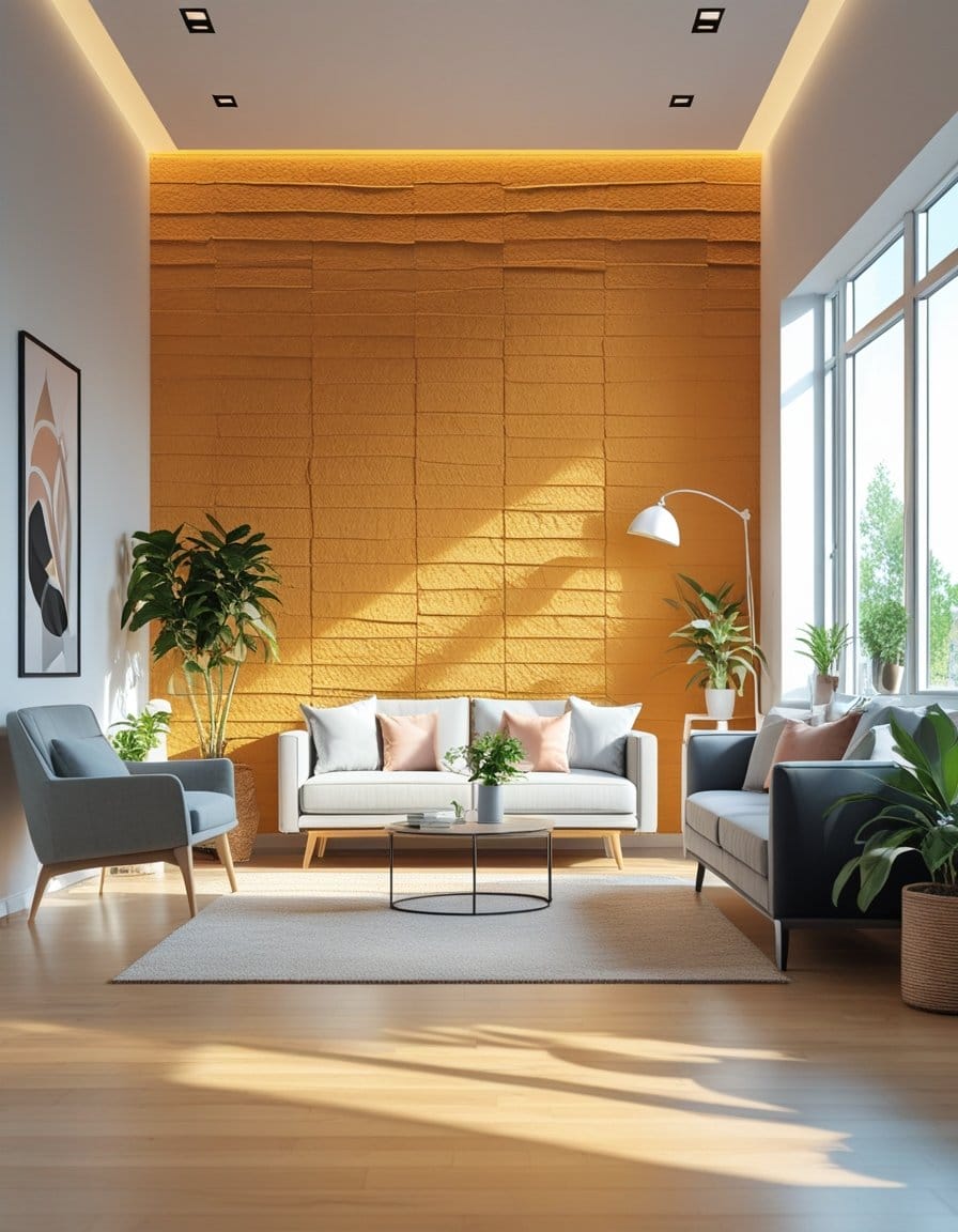 Modern living room with a tall yellow textured accent wall, large windows, potted plants, contemporary furniture, and natural light.