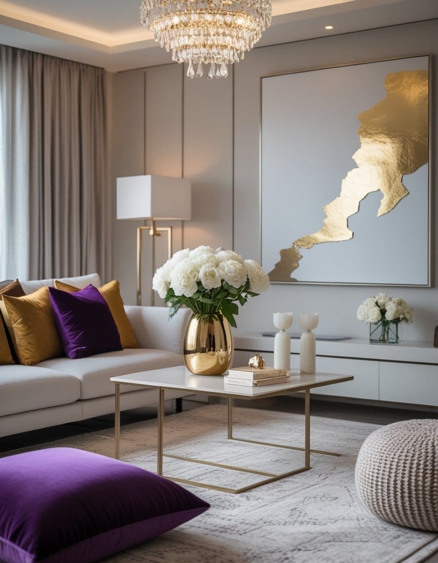A living room with a couch and a large painting.