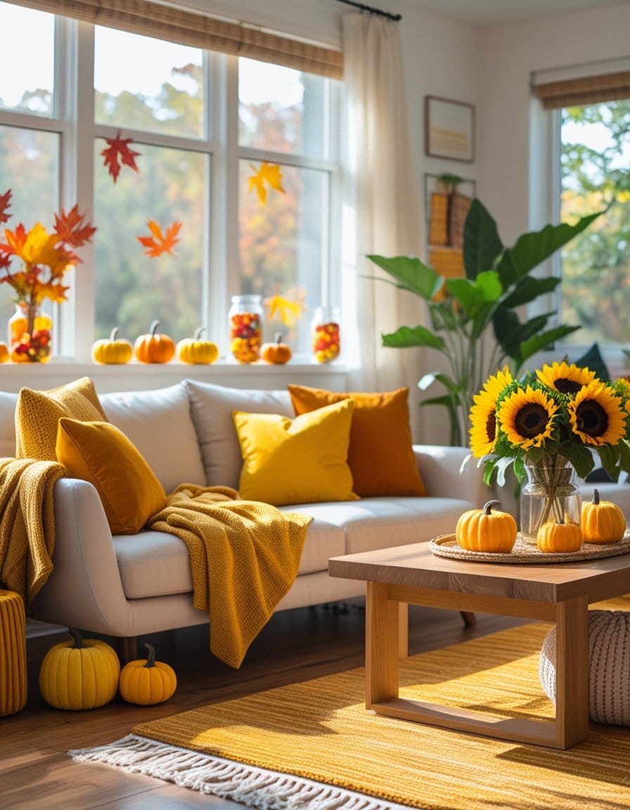 A bright living room decorated for autumn with pumpkins, sunflowers, yellow pillows, a blanket, and fall leaves on the window, with sunlight streaming in.