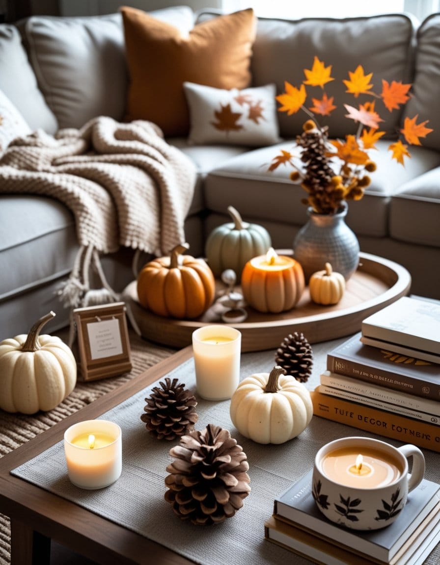 A cozy living room with autumn decor, including pumpkins, pinecones, candles, and fall leaves, arranged on a coffee table and a tray in front of a sofa with pillows and a blanket.