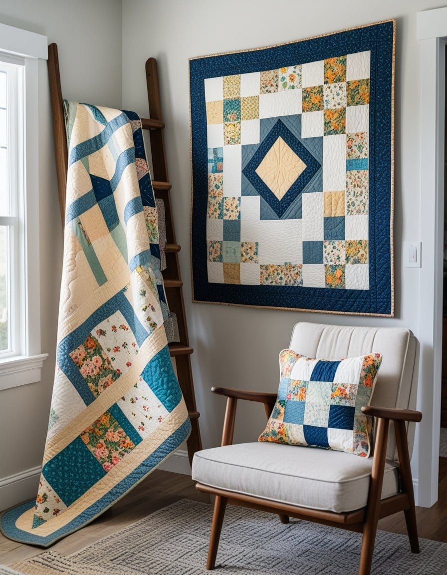 A cozy corner with a modern armchair, a patchwork pillow, a quilt draped on a wooden ladder, and a matching quilt hanging on the wall, all in blue and cream tones.