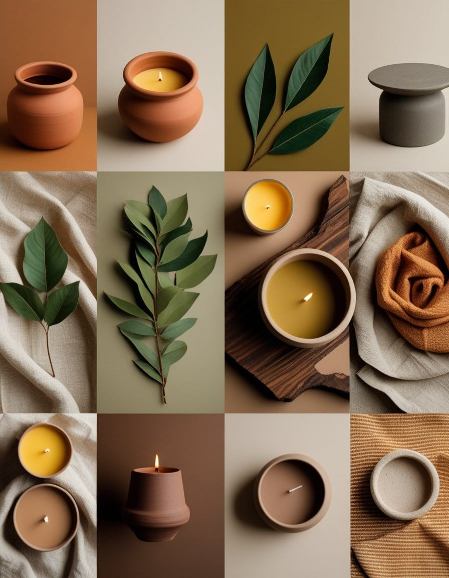 A grid of minimalist images featuring candles, ceramic vessels, green leaves, and textured fabrics in earthy tones of brown, beige, and green.