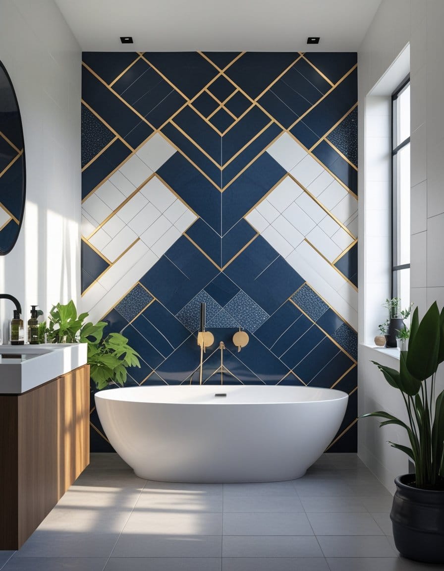 Modern bathroom with a freestanding white tub, geometric navy and gold tile accent wall, large window, plants, and a wooden vanity with a sink.