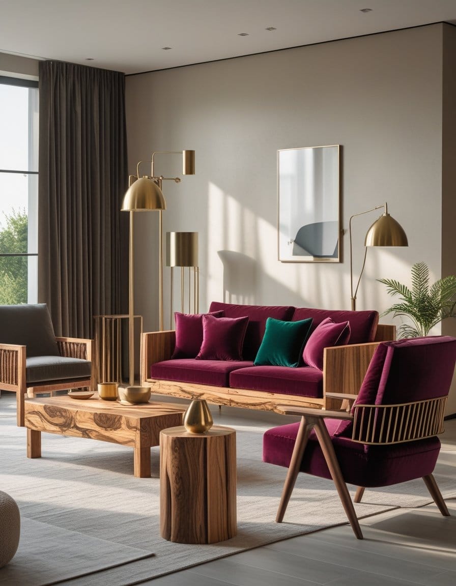 Modern living room with a purple sofa, wooden chairs, gold floor lamps, a wooden coffee table, and large windows with brown curtains. A framed picture and a potted plant decorate the space.