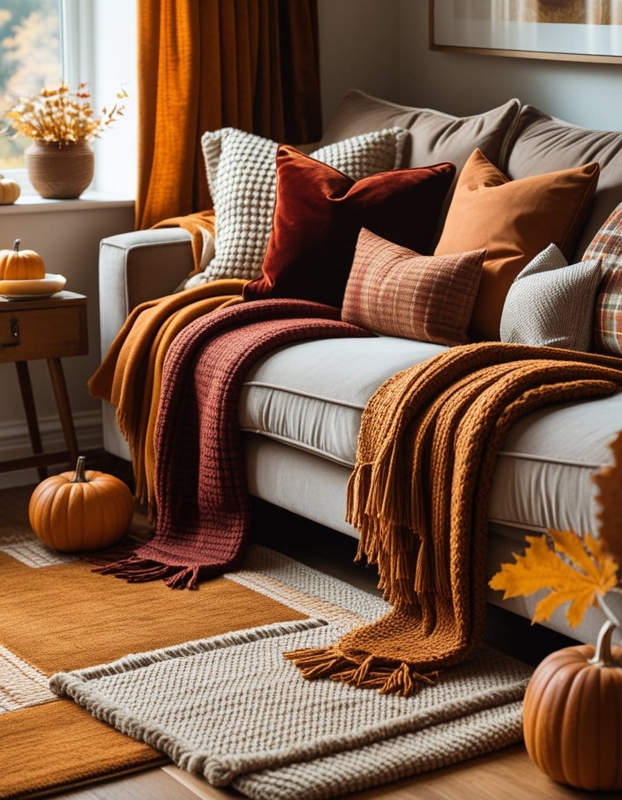 A living room with a gray sofa decorated with orange and red pillows and throw blankets, surrounded by pumpkins and autumn-themed decor.