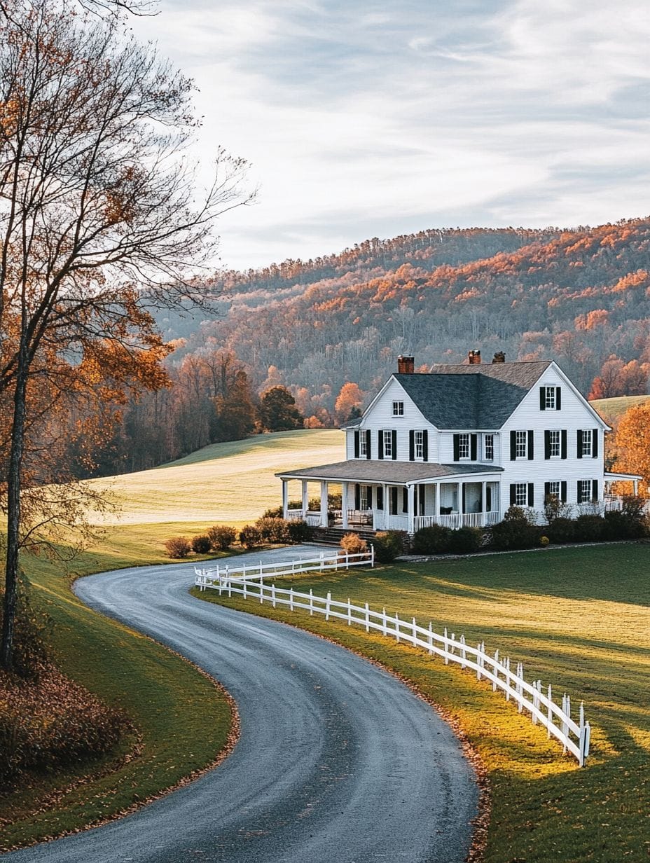 A white two-story house with a porch sits beside a curved driveway and white fence, surrounded by fields and autumn trees with hills in the background.